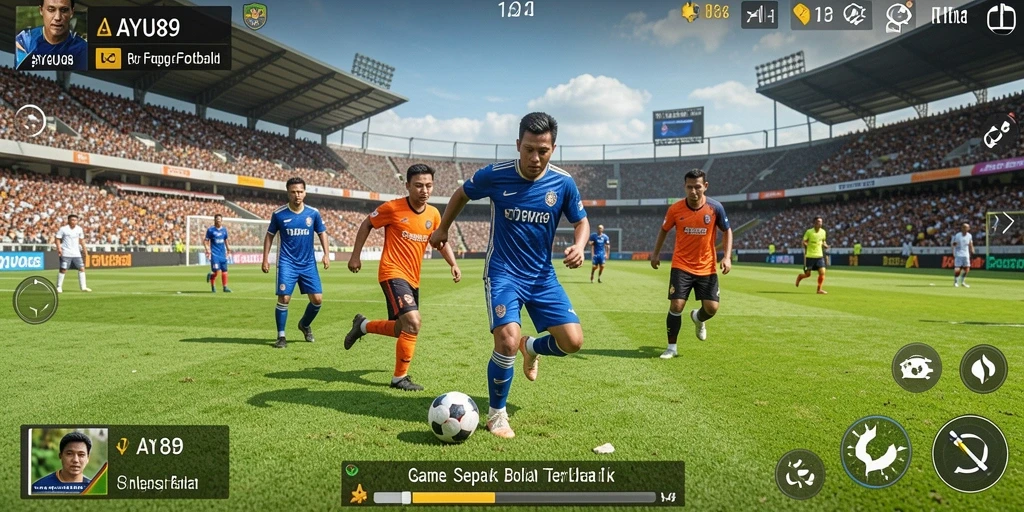Screenshot utama AYU89 menunjukkan aksi seru di lapangan sepak bola.