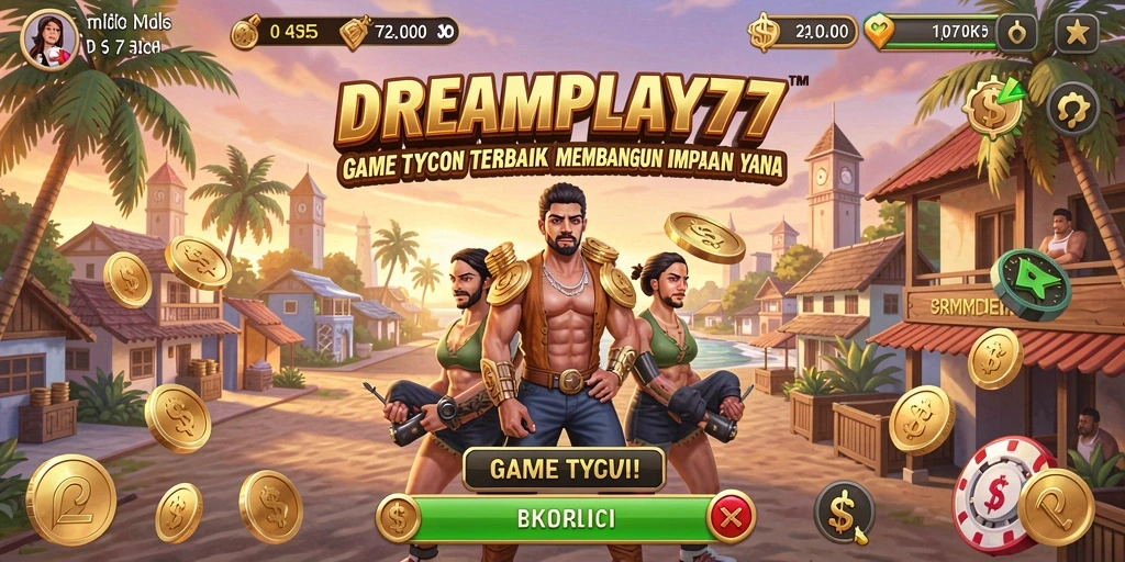 Screenshot gameplay menunjukkan manajemen bisnis di DREAMPLAY77.
