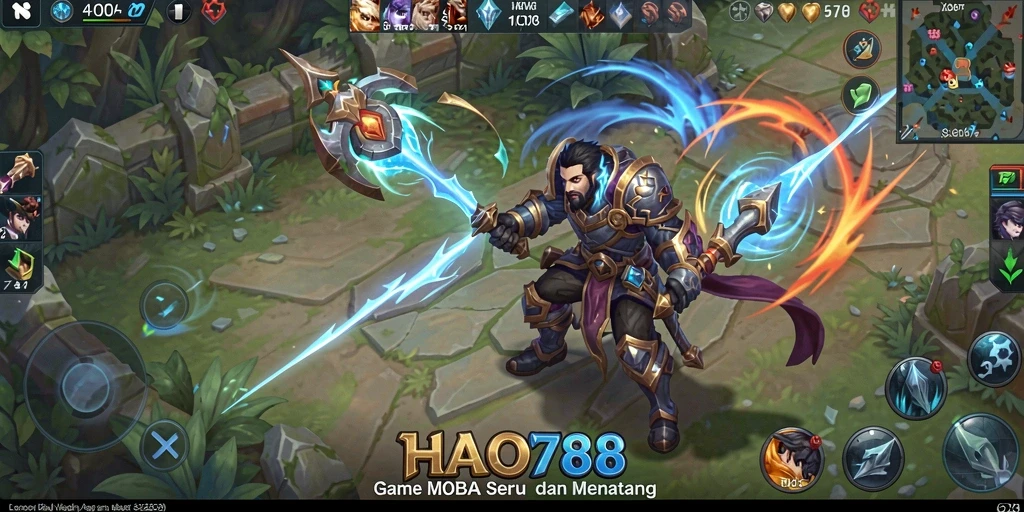 Tangkapan layar utama HAO788 menampilkan aksi pertempuran MOBA yang seru.