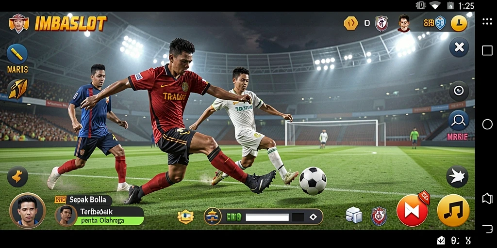 Screenshot gameplay IMBASLOT menampilkan aksi seru di lapangan sepak bola.
