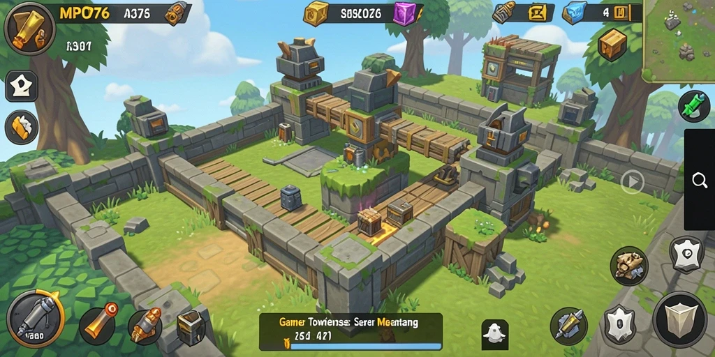 Gameplay Tower Defense MPO76 dengan menara dan musuh yang menantang.