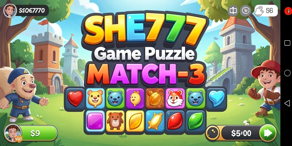 Screenshot gameplay SHE777 menunjukkan pengalaman Match-3 yang seru dan interaktif.