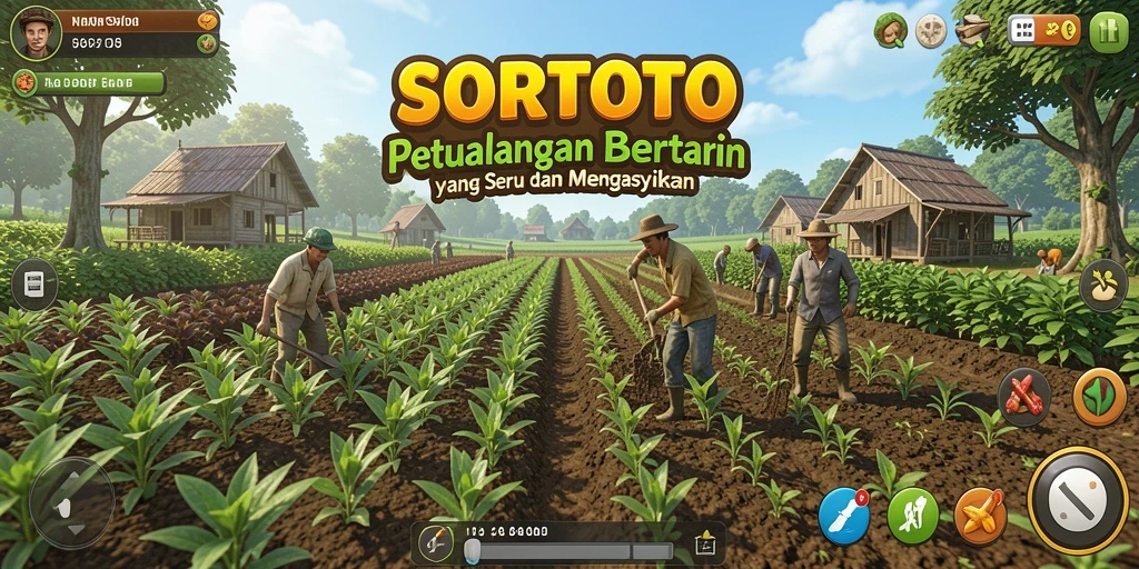 Tangkapan layar utama <strong>SORTOTO</strong> menampilkan kebun yang subur dan interaksi hewan.