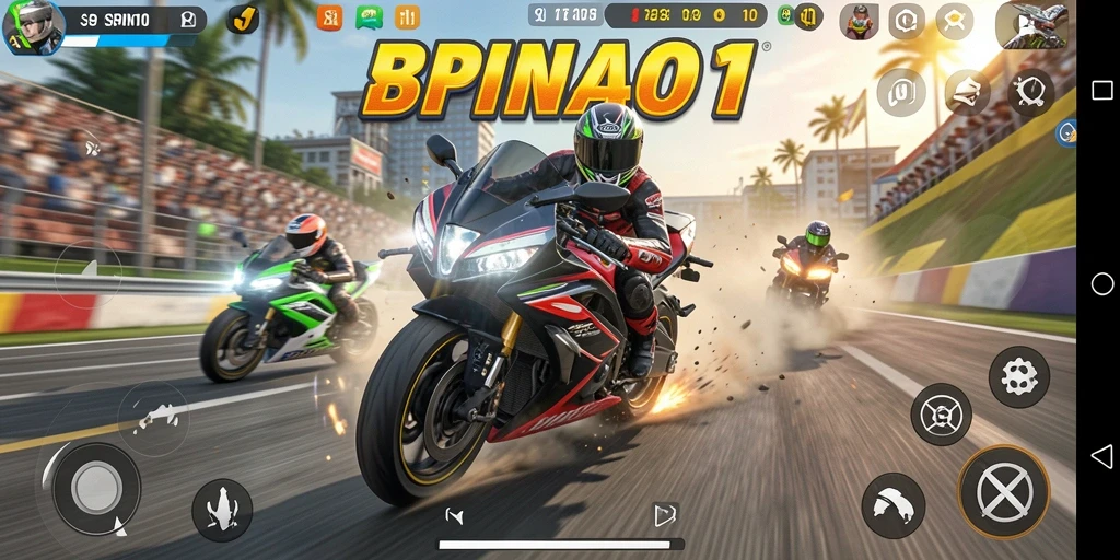 Tampilan aksi gameplay balapan motor SPIN101 yang mendebarkan.