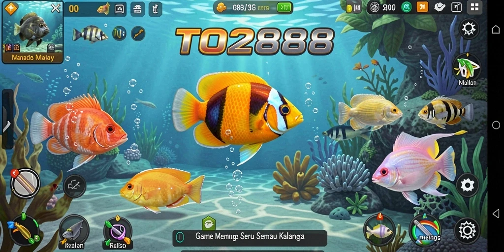 Screenshot gameplay TO288 menampilkan pengalaman memancing yang seru di berbagai lokasi.